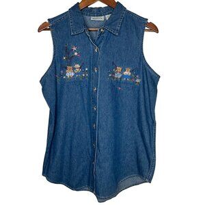 Basic Editions Teddy Bear Embroidered denim sleeveless vintage 90's top Sz Large